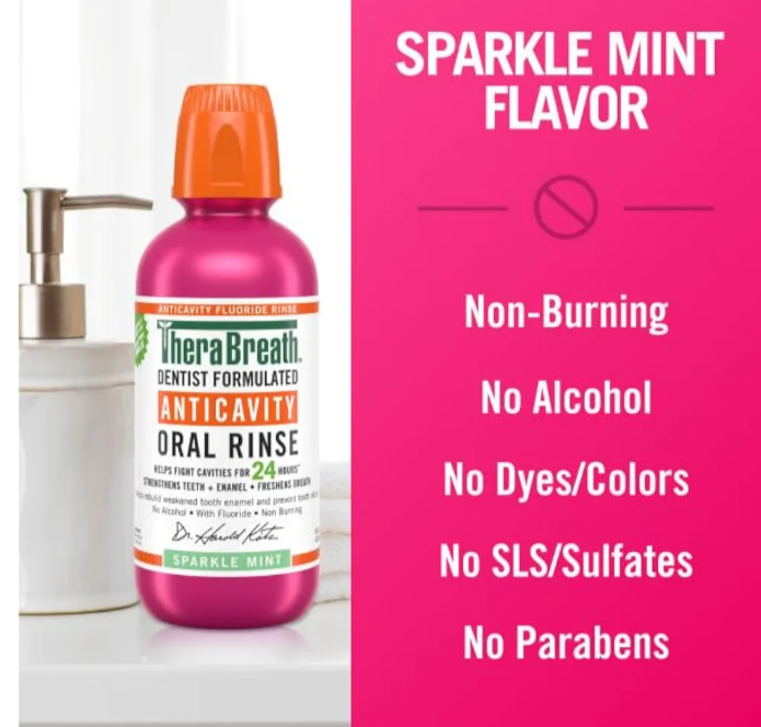 TheraBreath Enjuague bucal anticaries con flúor, menta brillante, formulado por dentistas, 1 litro (33.8 fl oz) + tamaño de viaje, 3 onzas líquidas