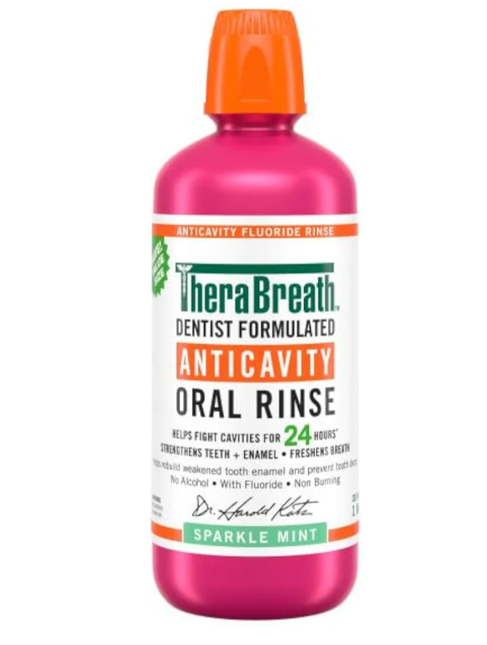 TheraBreath Enjuague bucal anticaries con flúor, menta brillante, formulado por dentistas, 1 litro (33.8 fl oz) + tamaño de viaje, 3 onzas líquidas